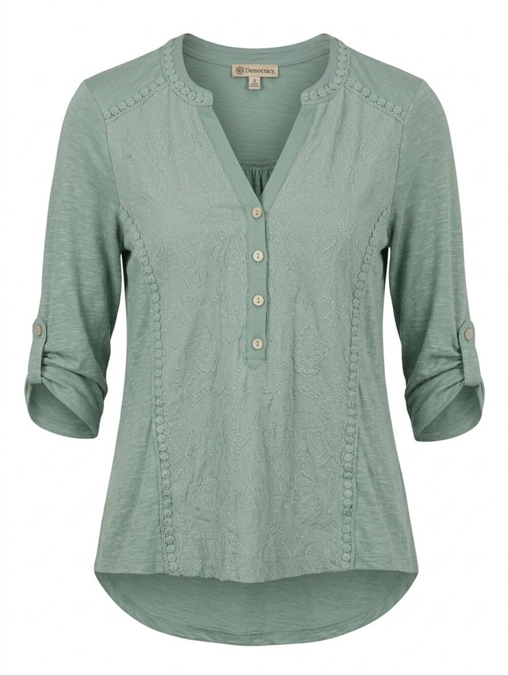 Democracy Mint Green Embroidered Henley Small Lace Boho Fairycore